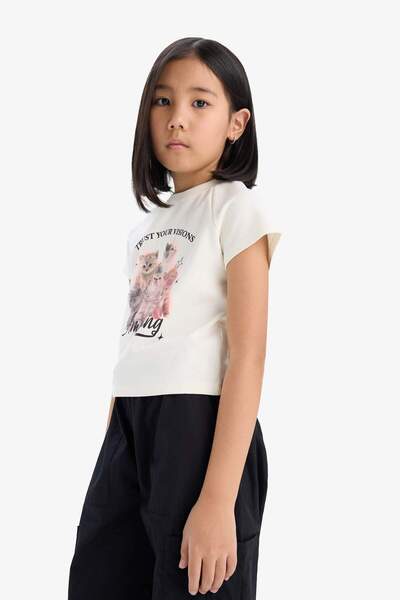 DeFacto Girls' Fitted Crew Neck Printed Short Sleeve T-Shirt E1825A825Sm