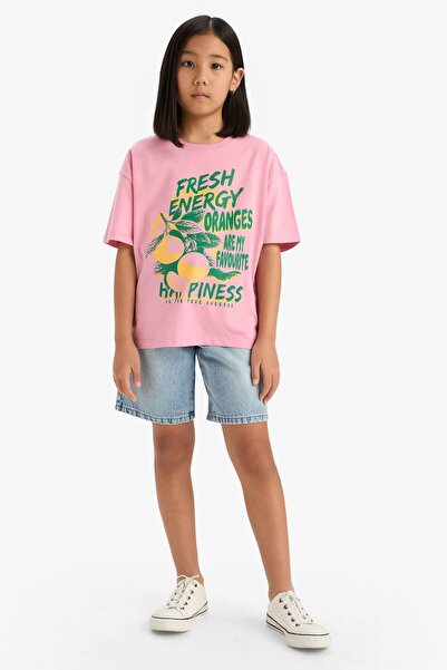 DeFacto Κοριτσίστικο μπλουζάκι με κοντό μανίκι με στάμπα με φαρδύ λαιμόκοψη E0386A825SM