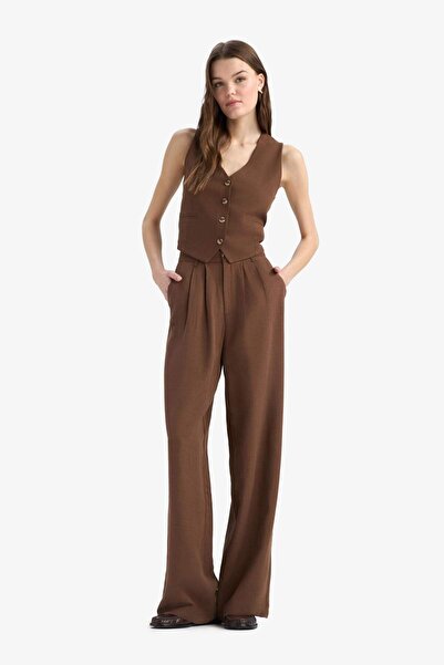 DeFacto Wide Leg Keten Karışımlı Pantolon Normal Bel Geniş Paça Cepli Fermuarlı Standart Boy E6210AX25SP