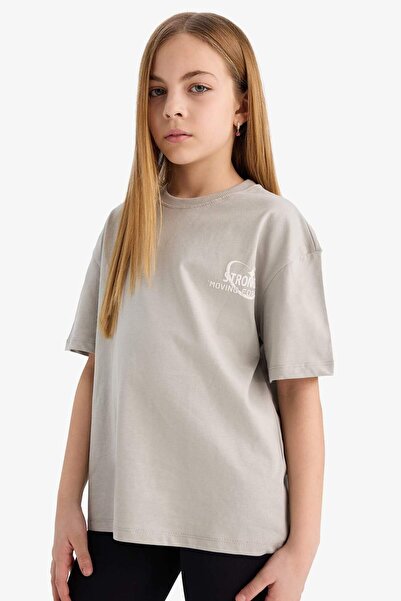 DeFacto Girl's Oversize Wide Fit Crew Neck Printed Short Sleeve T-Shirt E1044A825Sm