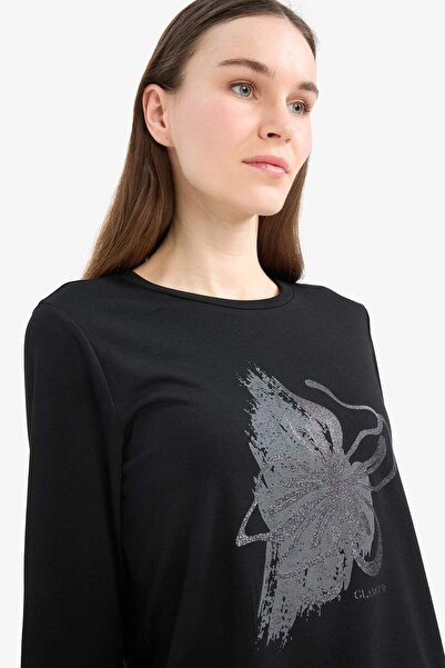 DeFacto Regular Fit Rundhalsausschnitt Glitzer bedrucktes Langarm-T-Shirt E7123AX25SM