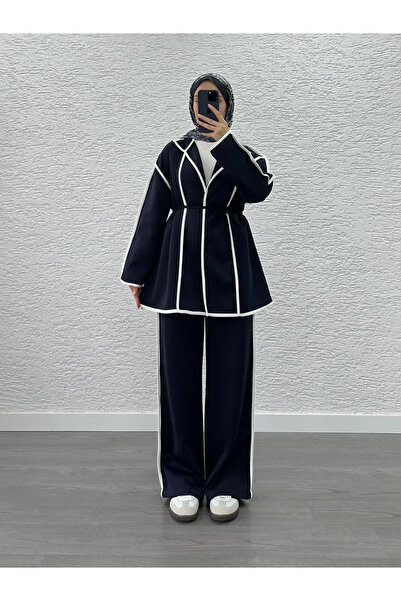 Miraydın Butik Γυναικείο Παντελόνι Scuba με ρέλι Σετ Δύο Τεμάχια M52806 - Ναυτικό Μπλε