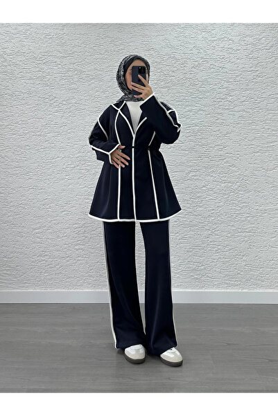 Miraydın Butik Γυναικείο Παντελόνι Scuba με ρέλι Σετ Δύο Τεμάχια M52806 - Ναυτικό Μπλε