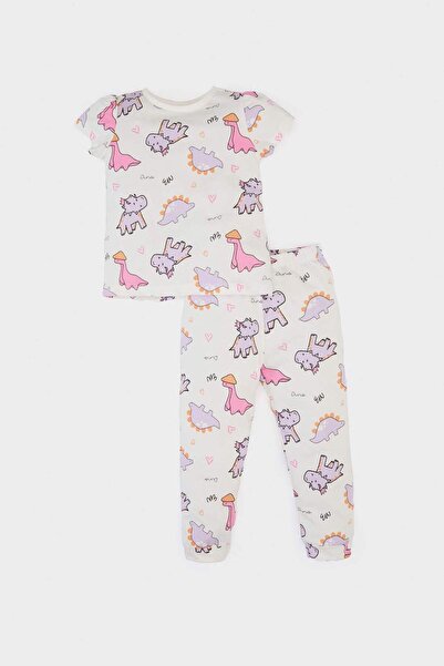 DeFacto Kız Bebek Pijama Takımı Dinazor Baskılı Kısa Kollu Penye Pijama Üstü Esnek Belli Uzun Pijama Altı E1