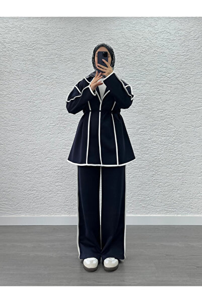 Miraydın Butik Γυναικείο Παντελόνι Scuba με ρέλι Σετ Δύο Τεμάχια M52806 - Ναυτικό Μπλε