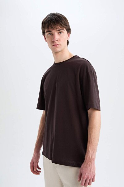 DeFacto 100% Cotton Oversize Wide Fit Crew Neck Basic Plain Short Sleeve T-Shirt E6885Axns