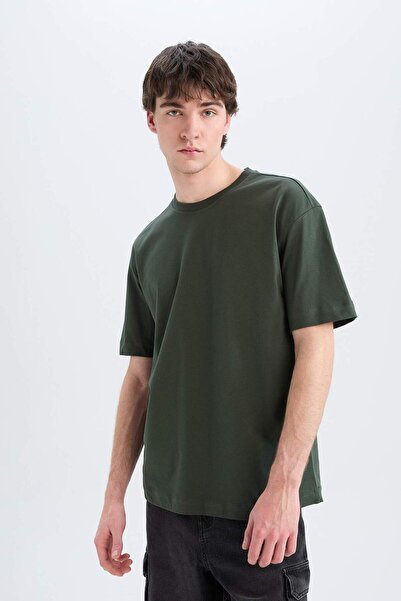 DeFacto 100% Cotton Oversize Wide Fit Crew Neck Basic Plain Short Sleeve T-Shirt E6885Axns
