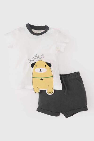 DeFacto Baby Boy 2-Piece Set Dog Printed Short Sleeve T-Shirt Waffle Elastic Waist Shorts C9635A525Sm