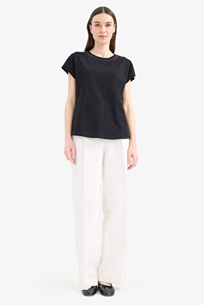 DeFacto Ποδηλατικό λαιμό Basic μασίφ βαμβακερό κοντομάνικο μαύρο μπλουζάκι E1159AX25SM