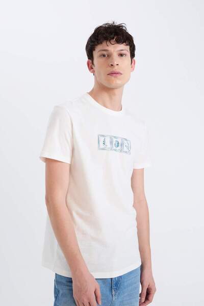 DeFacto 100% βαμβακερό μπλουζάκι με κοντό μανίκι με στάμπα με λεπτή εφαρμογή D9356AX25SP