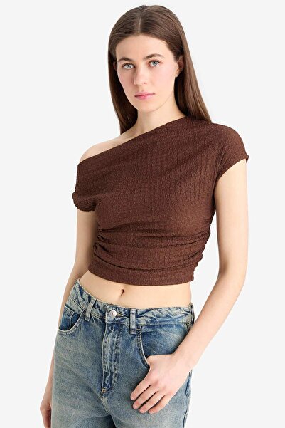 DeFacto Slim Fit Slim Fit Μονό κοντομάνικο μπλουζάκι με τυλιγμένο ώμο D4414AX25SM