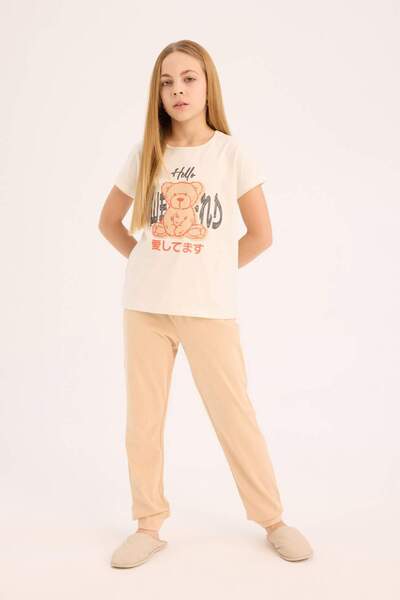 DeFacto Girls Pajama Set - Printed Short Sleeve Top with Elastic Waist Long Bottom