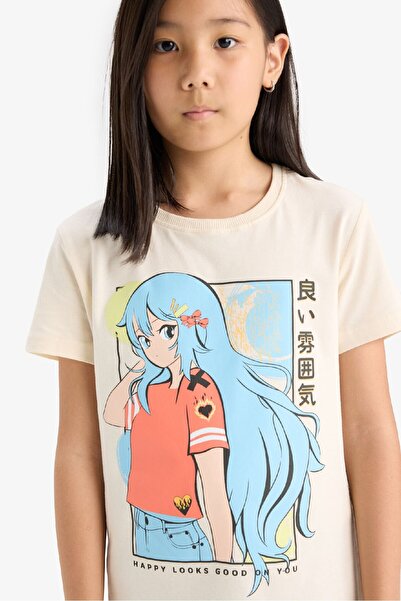 DeFacto Girl's Crew Neck Anime Printed Short Sleeve T-Shirt E0350A825Sm