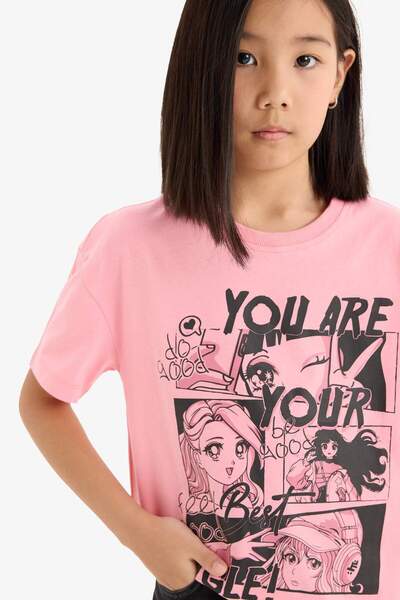 DeFacto Girl's Relax Fit Crew Neck Printed Short Sleeve T-Shirt E0355A825Sm