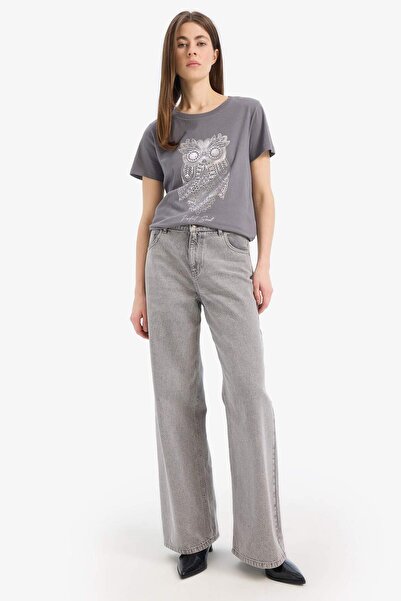 DeFacto Κοντομάνικο μπλουζάκι με χτενισμένο βαμβακερό μοτίβο κουκουβάγιας με κανονική εφαρμογή E5137AX25SM