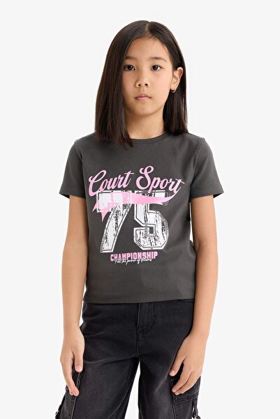 DeFacto Girl's Slim Fit Slim Fit Crew Neck Ribbed Short Sleeve T-Shirt E0366A825Sm