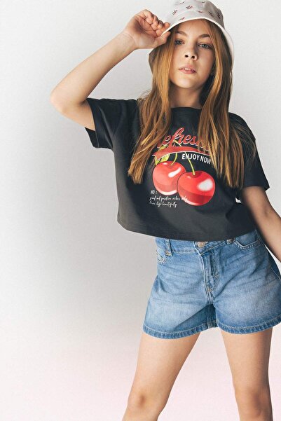 DeFacto Κοριτσίστικο μπλουζάκι με λαιμόκοψη με στάμπα κοντομάνικο E0384A825SM