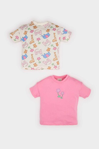 DeFacto Zweiteiliges Kurzarm-T-Shirt aus bedruckter gekämmter Baumwolle mit Rundhalsausschnitt für Neugeborene, Mädchen, E7946A525SM