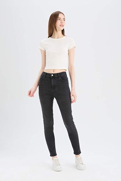 DeFacto Skinny Fit Vysoký pas Rovné nohavice Dlouhé Jean Snow Washed Kalhoty D6601AX25SP