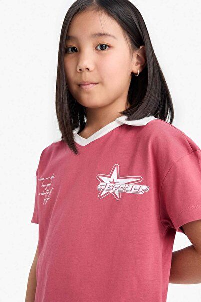 DeFacto Girl's Boxy Fit Polo Neck Printed Short Sleeve T-Shirt E1034A825Sm