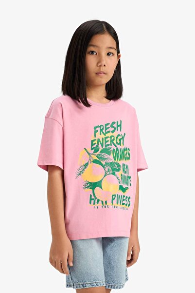 DeFacto Κοριτσίστικο μπλουζάκι με κοντό μανίκι με στάμπα με φαρδύ λαιμόκοψη E0386A825SM