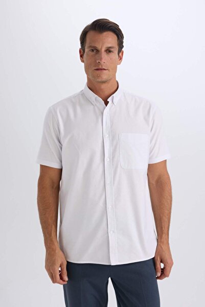 DeFacto %100 Pamuk Regular Fit Polo Yaka Oxford Yazlık Kısa Kollu Beyaz Gömlek D7419AX25SM