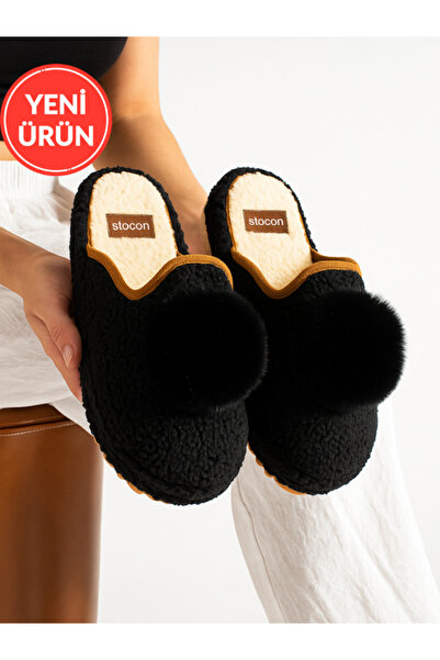 STOCON Papuci de casă cu pompon pentru femei, fără sunet, cu talpă groasă, pa...