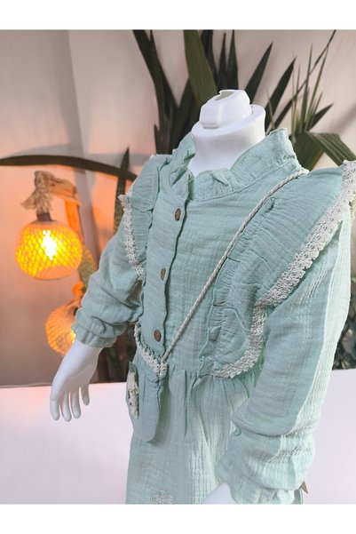 çilek bebe Eid Long Sleeve Lace Detailed Authentic Muslin Girls' Dress with Bag Pieces