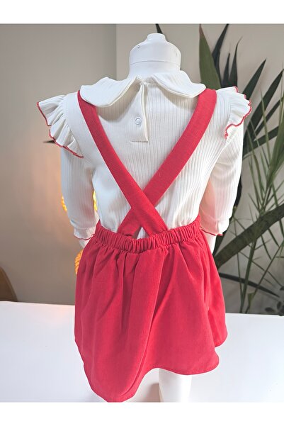 çilek bebe Strawberry Embroidered Baby Collar Ruffled Girls' Salopet Set Gilet Red Corduroy Autumn Winter