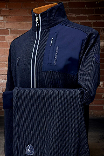 BESSA Ανδρικό σετ αθλητικής φόρμας Navy Blue με φερμουάρ και τσέπη με ίσιο πόδι από κηρήθρα