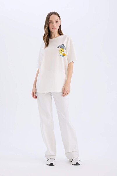 DeFacto Tricou cu mânecă scurtă cu imprimeu pe spate, cu decolteu lat, oversize, Looney Tunes D9119AX25SM