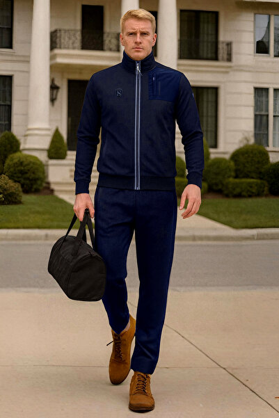 BESSA Ανδρικό σετ αθλητικής φόρμας Navy Blue με φερμουάρ και τσέπη με ίσιο πόδι από κηρήθρα