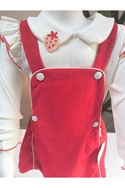çilek bebe Strawberry Embroidered Baby Collar Ruffled Girls' Salopet Set Gilet Red Corduroy Autumn Winter