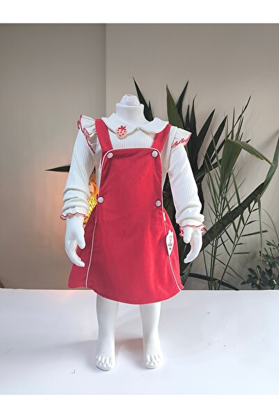 çilek bebe Strawberry Embroidered Baby Collar Ruffled Girls' Salopet Set Gilet Red Corduroy Autumn Winter