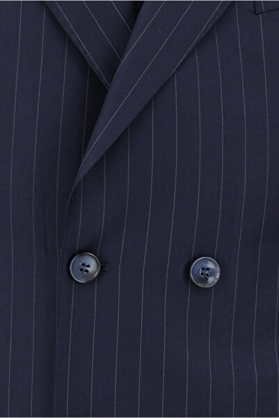 Abdullah Kiğılı Slim Fit Dar Kesim Yünlü Çizgili Kruvaze Takım Elbise