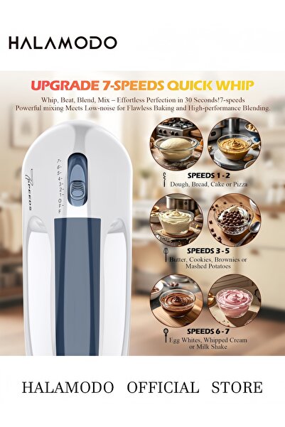 HALAMODO خفاقة بيض كهربائية أوتوماتيكية من الفولاذ المقاوم للصدأ بـ 7 سرعات مع قابس الاتحاد الأوروبي MH1074 باللون الأبيض