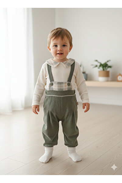 çilek bebe Ekose Bebe Yaka Kareli Askılı Salopet Takım Fitilli Kadife Tulumlu