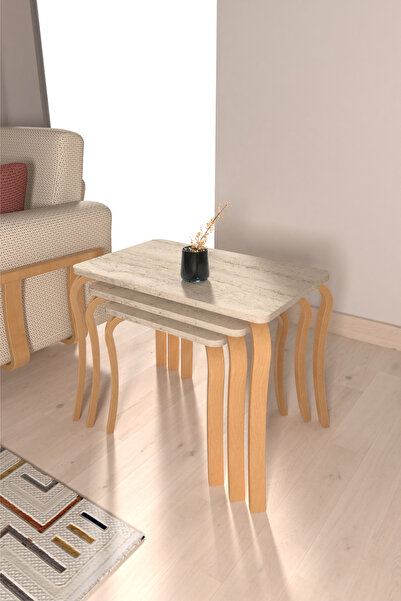 VİLİNZE Eva Ahşap Çok Amaçlı 3'lü Zigon Sehpa