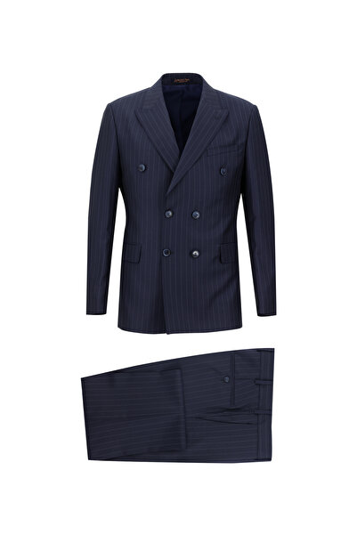 Abdullah Kiğılı Slim Fit Dar Kesim Yünlü Çizgili Kruvaze Takım Elbise