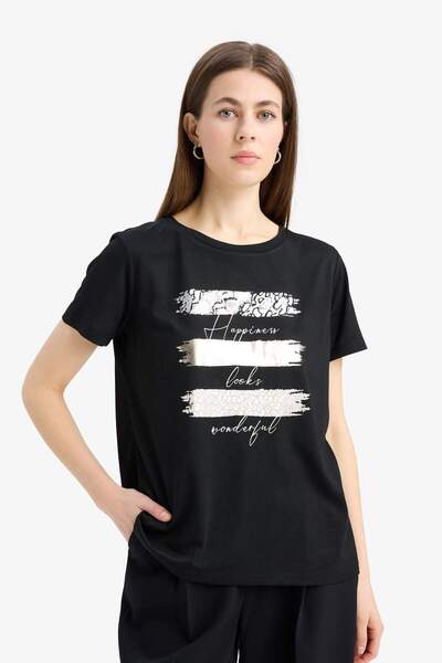 DeFacto Relax Fit Rundhalsausschnitt bedrucktes Kurzarm-T-Shirt E5063AX25SP