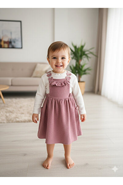 çilek bebe Strawberry Embroidered Baby Collar Ruffled Girls' Salopet Set Gilet Plum Corduroy Autumn Winter