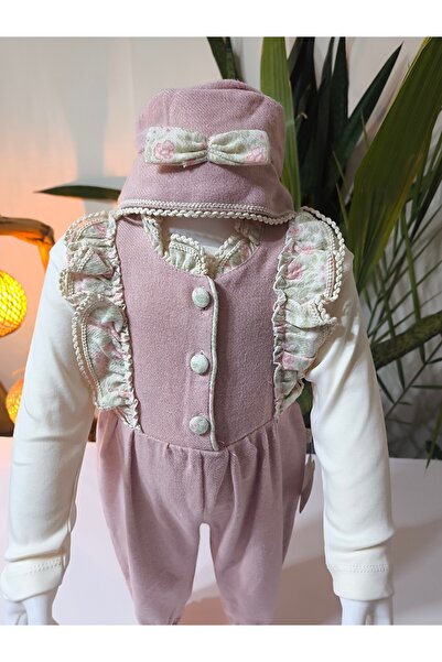 çilek bebe Powder Pink Embroidered Textured Vintage Baby Girl Blouse Jumpsuit Hat Combination 3-Piece