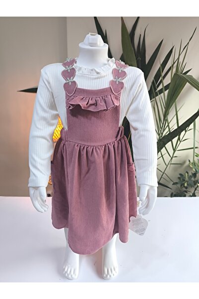 çilek bebe Strawberry Embroidered Baby Collar Ruffled Girls' Salopet Set Gilet Plum Corduroy Autumn Winter