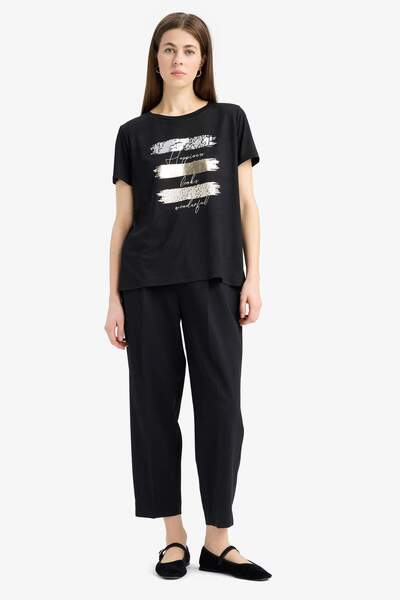 DeFacto Μπλουζάκι με κοντό μανίκι με στάμπα με λαιμόκοψη Relax Fit E5063AX25SP