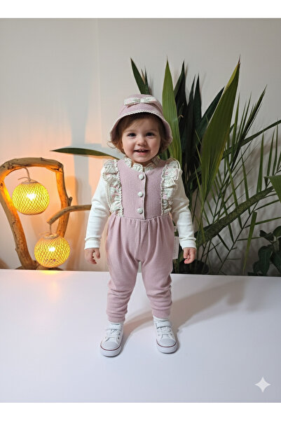 çilek bebe Powder Pink Embroidered Textured Vintage Baby Girl Blouse Jumpsuit Hat Combination 3-Piece
