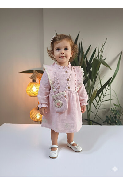 çilek bebe فستان بناتي بأكمام طويلة مزين بالدانتيل مع حقيبة من الموسلين الأصيل