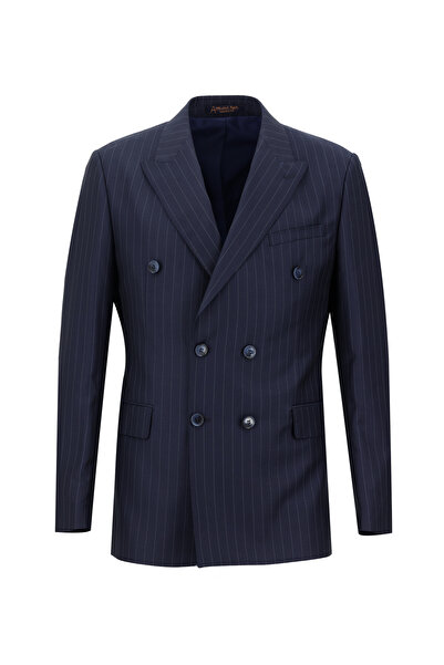 Abdullah Kiğılı Slim Fit Dar Kesim Yünlü Çizgili Kruvaze Takım Elbise