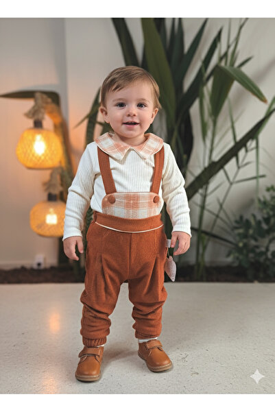 çilek bebe Ekose Bebe Yaka Kareli Askılı Salopet Takım Fitilli Kadife Tulumlu