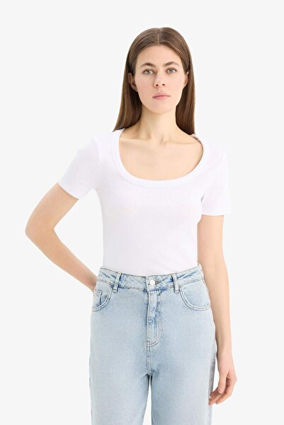 DeFacto Slim Fit Slim Fit Crew Neck Basic Plain Ribbed Camisole Short Sleeve White T-Shirt F0684Ax25Sp