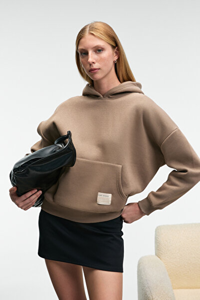 GRIMELANGE Clarie Women's Organic Cotton Oversized Kangaroo Pocket Hooded Mink Sweatshirt